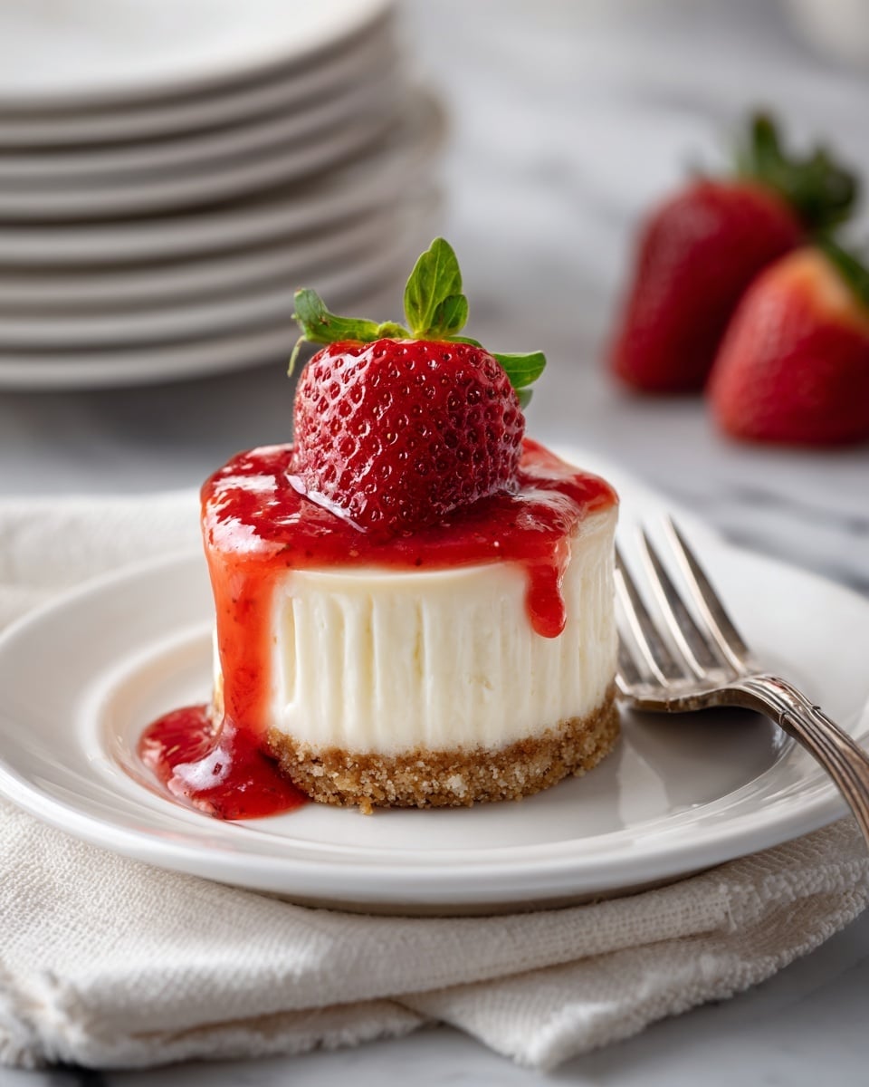 A small cheesecake with three layers sits on a white plate placed over a folded white cloth. The bottom layer is a crumbly light brown crust, the middle layer is a thick creamy white cheesecake, and the top layer is a glossy red strawberry sauce dripping down the side. On top of the sauce, there is a fresh half strawberry with green leaves. A silver fork rests on the plate next to the cheesecake, while in the blurred background there is a stack of white plates and three whole strawberries on a white marbled surface. photo taken with an iphone --ar 4:5 --v 7