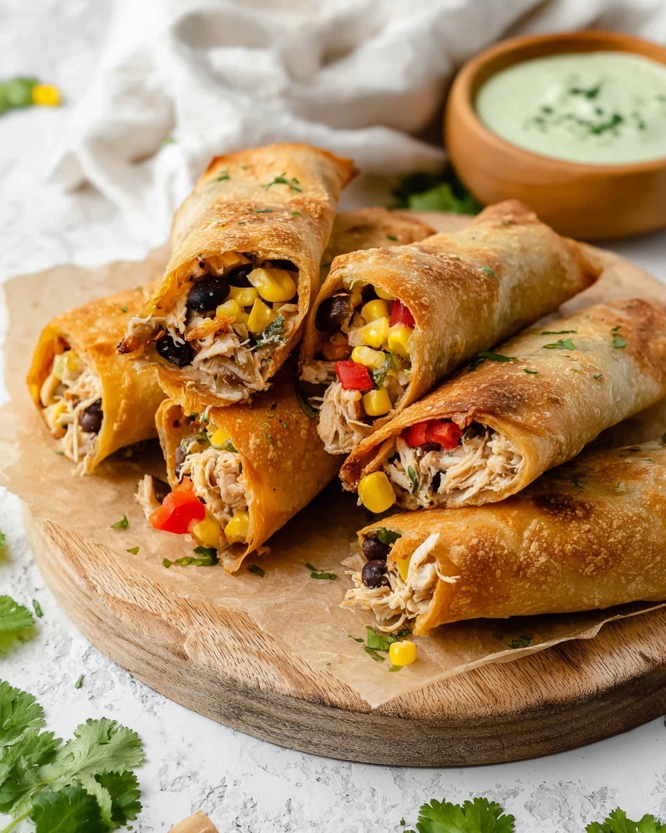A wooden round board holds five crispy golden-brown fried wraps, each cut in half to show the colorful filling inside. The filling has shredded white chicken, bright yellow corn kernels, black beans, red bell pepper pieces, and green herbs mixed together. The wraps rest on light brown parchment paper, and fresh green cilantro leaves are scattered around the board on a white marbled surface. In the background, a small wooden bowl contains a light green creamy sauce with chopped herbs on top. A soft white cloth is loosely placed behind the setup. photo taken with an iphone --ar 4:5 --v 7