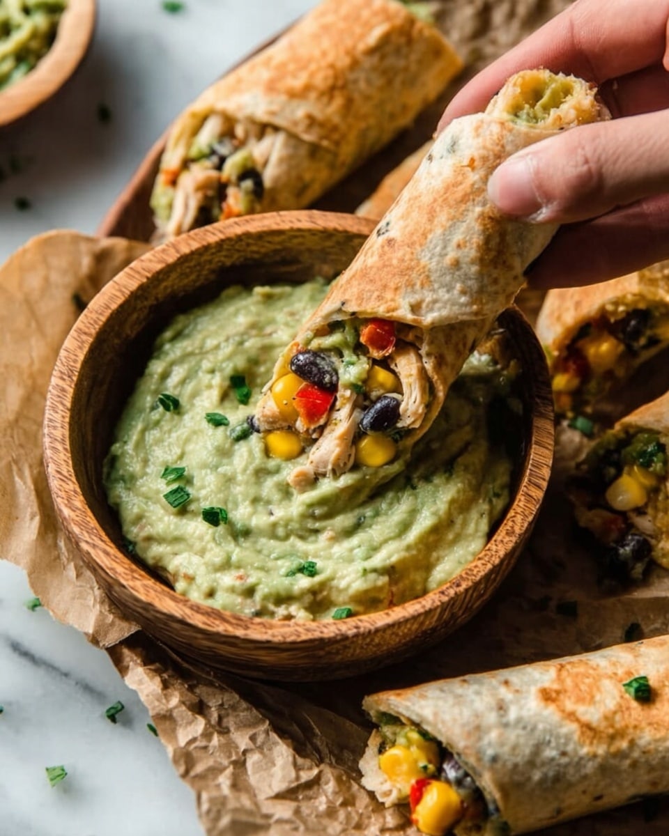 The image shows a close-up of a wooden bowl filled with creamy green guacamole, topped with small green herb pieces. A piece of a rolled tortilla, filled with colorful vegetables like yellow corn, red bell peppers, black beans, and white chicken meat, is being dipped into the guacamole by a woman's hand. More pieces of the same filled tortillas lie on crumpled brown parchment paper around the bowl. The background surface is a white marbled texture. Photo taken with an iphone --ar 4:5 --v 7