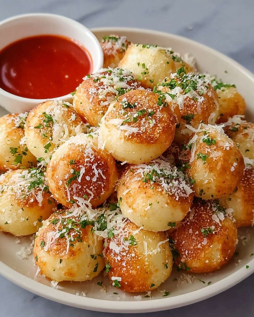 A white plate filled with about two dozen small, round, golden-brown cheese bread balls, each topped with white grated cheese and green chopped herbs scattered evenly across the surface. The bread balls have a lightly crispy texture with some parts more browned than others, giving a warm and fresh-baked appearance. In the top left corner of the plate is a small white cup filled with bright red dipping sauce, creating a colorful contrast with the bread balls. The whole scene is set on a white marbled surface. photo taken with an iphone --ar 4:5 --v 7