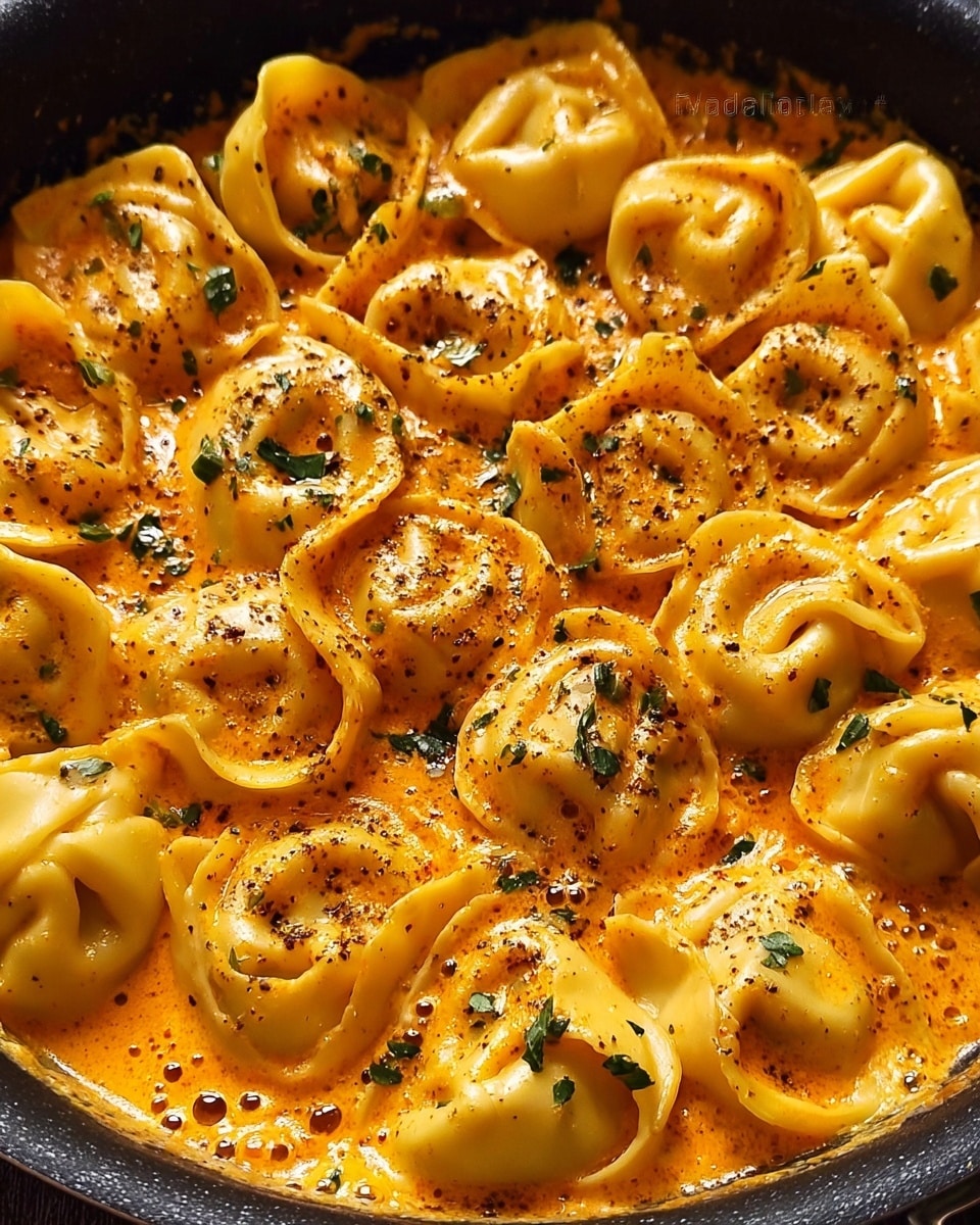 This image shows a close-up of one layer of tortellini pasta in a creamy orange sauce inside a black pan. The tortellini are yellow and plump, covered in the smooth sauce with specks of black pepper and small green herb pieces scattered on top. The pasta is arranged closely together, filling the pan. The sauce looks rich and velvety, pooling around the pasta pieces with little bubbles visible. Photo taken with an iphone --ar 4:5 --v 7
