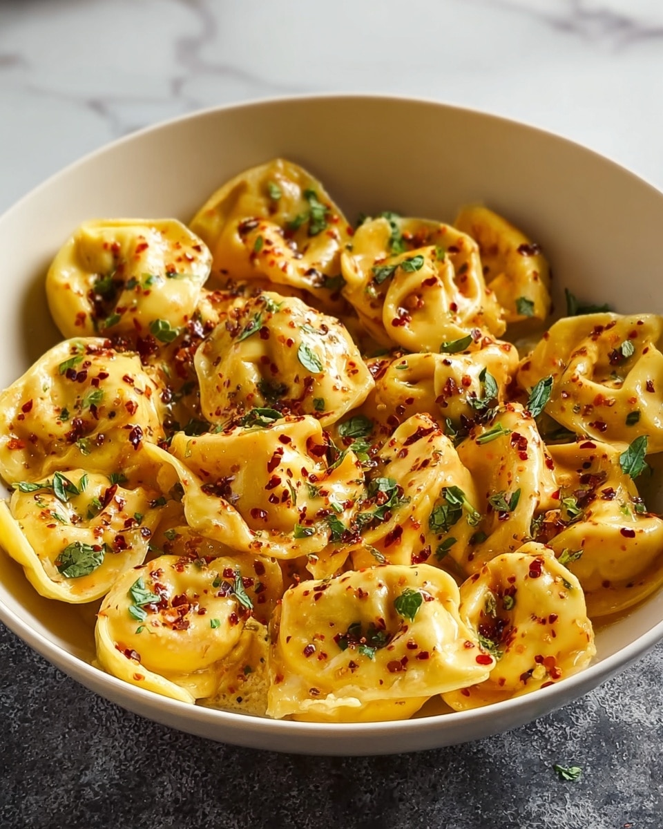 A bowl filled with golden-yellow tortellini pasta, each piece slightly folded and stuffed, coated in a creamy sauce with a smooth texture. The pasta is sprinkled with small bits of red chili flakes and small green herb leaves scattered evenly on top, adding color contrast. The bowl is white and plain, sitting on a white marbled surface with soft natural light highlighting the glossy sauce on the pasta. photo taken with an iphone --ar 4:5 --v 7