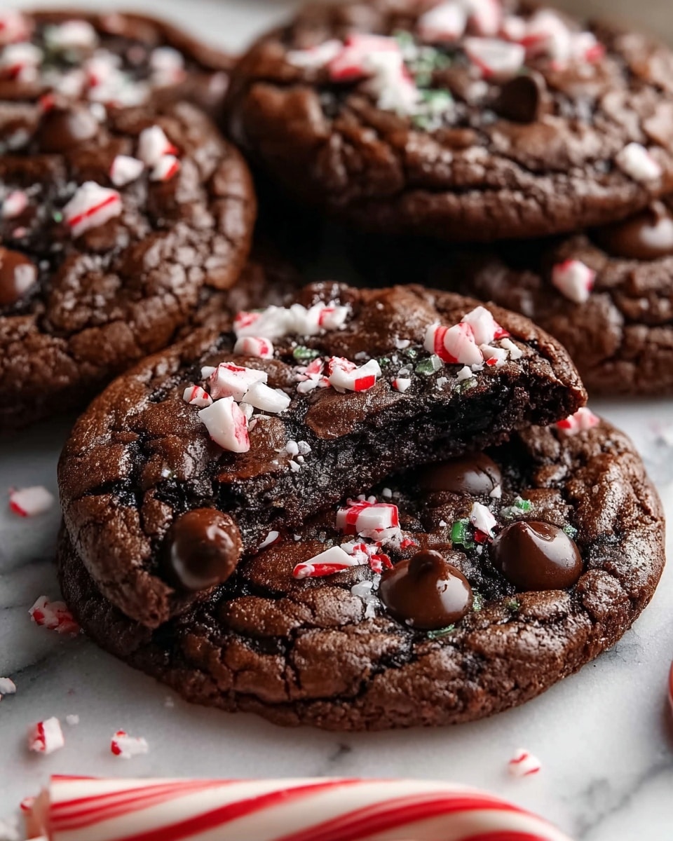 The image shows a close-up of several thick, dark brown chocolate cookies with a cracked texture on top, arranged on a white marbled surface. Each cookie is topped with scattered red and white crushed peppermint candy pieces and a few glossy dark chocolate chips, adding detail and contrast. One cookie in the center has a bite taken out of it, revealing a moist, rich, and fudgy inside with a dense, almost gooey texture. In the foreground, there is a whole red and white striped candy cane resting on the surface. The scene gives a cozy, festive feel. photo taken with an iphone --ar 4:5 --v 7