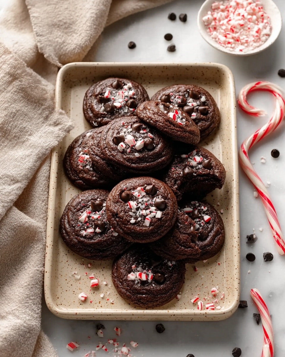 A tray filled with about ten dark brown chocolate cookies, each topped with small dark chocolate chips and white and red crushed peppermint pieces. One cookie near the bottom left shows a bite taken out, revealing a soft, moist inside texture that matches the dark brown outer layer. The cookies have a slightly rough surface and seem thick and chewy. The tray is light beige with a speckled texture and square edges. Around the tray are scattered crushed peppermint bits and small dark chocolate chips, with a whole red and white striped candy cane on the white marbled surface beside the tray. A beige cloth is draped on the upper left corner near the tray, and a small white bowl filled with crushed peppermint is placed in the top right corner of the scene. photo taken with an iphone --ar 4:5 --v 7