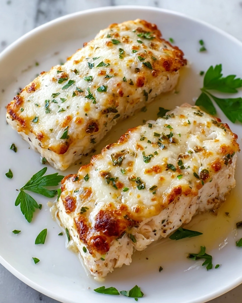 The image shows two thick, rectangular pieces of baked fish on a white plate. Each piece has a golden brown top layer with melted cheese that is lightly browned in places and sprinkled with small green herb bits. The white fish underneath looks moist and soft with a slightly grainy texture. Around the fish, there are a few small fresh green herb leaves scattered for garnish. The plate rests on a white marbled surface. photo taken with an iphone --ar 4:5 --v 7