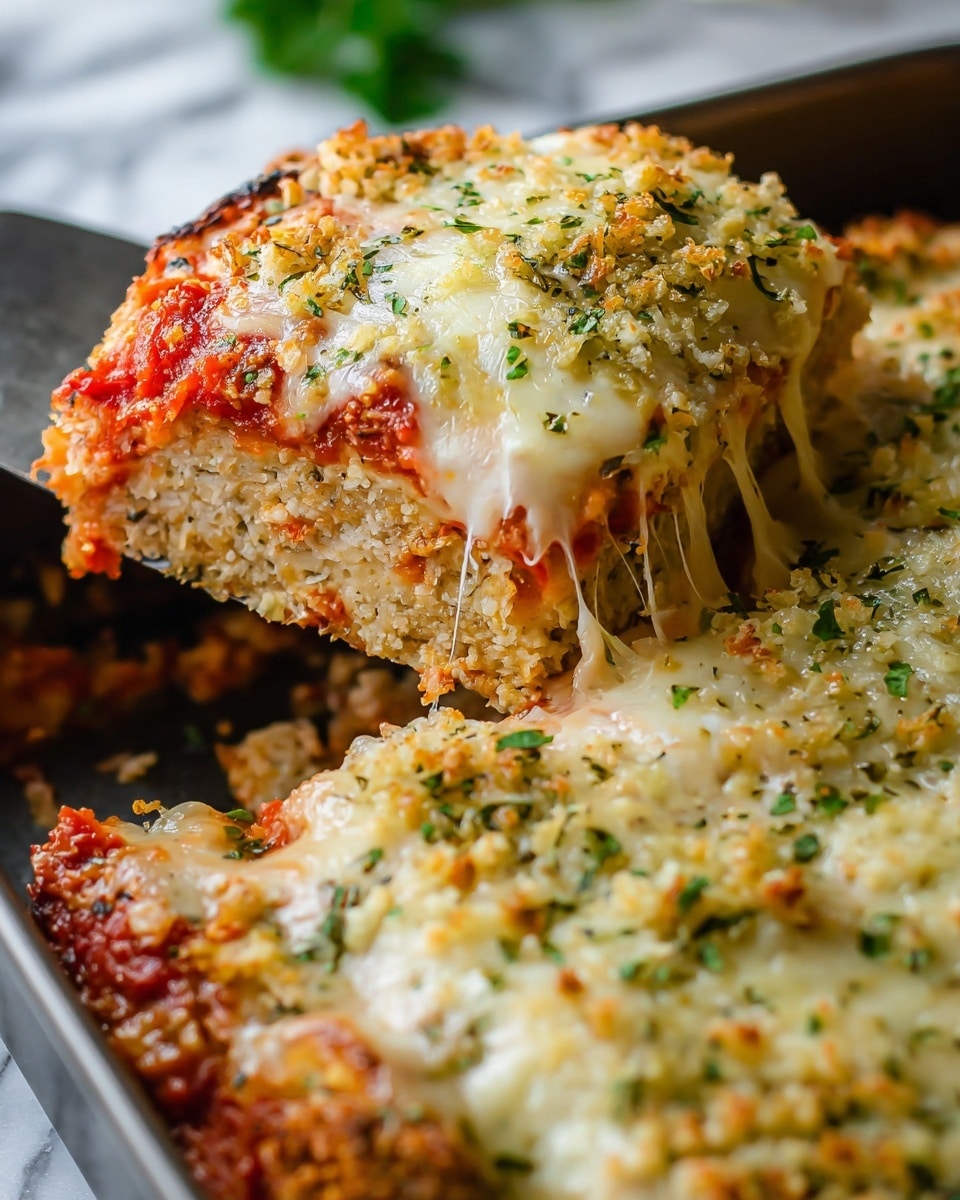 A baked dish in a close-up view shows a thick slice being lifted, revealing three main layers: the bottom layer is red tomato sauce with some melted cheese strings, the middle layer is a pale grainy mixture with a soft, slightly crumbly texture, and the top layer is a golden-browned melted cheese crust with green herb sprinkles and crispy breadcrumb bits. The dish is in a dark baking pan placed on a white marbled surface. photo taken with an iphone --ar 4:5 --v 7