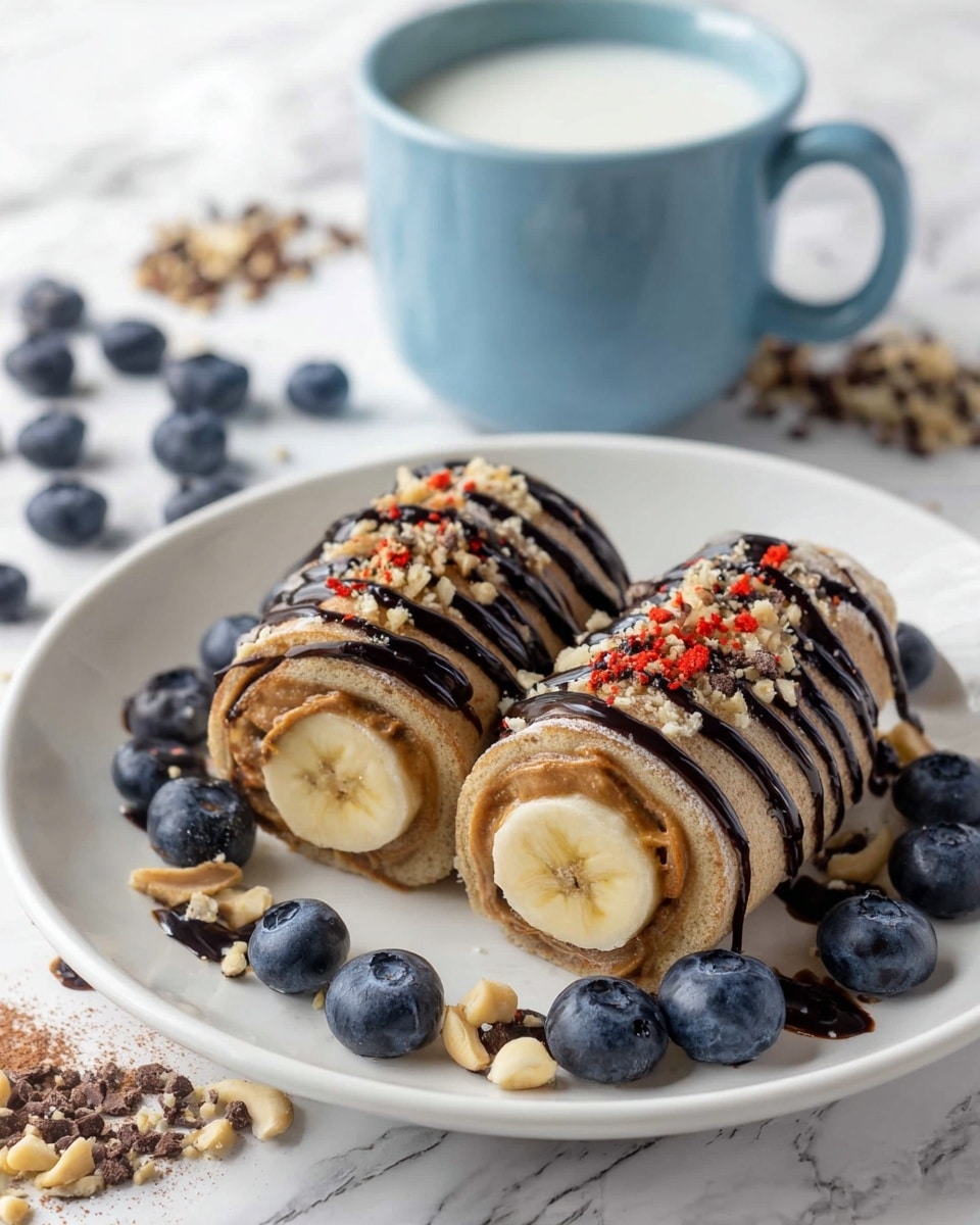 Two small roll pieces sit on a white plate, each with three visible layers: an outer tan crepe, a middle light brown peanut butter layer, and a whole banana in the center. The rolls are drizzled with dark chocolate syrup and sprinkled with small light tan nut bits and tiny red berry bits on top. Around the rolls on the plate are scattered fresh dark blue blueberries and some more nut pieces and chocolate drops. Behind the plate, there is a light blue mug filled with milk, set on a white marbled surface. photo taken with an iphone --ar 4:5 --v 7