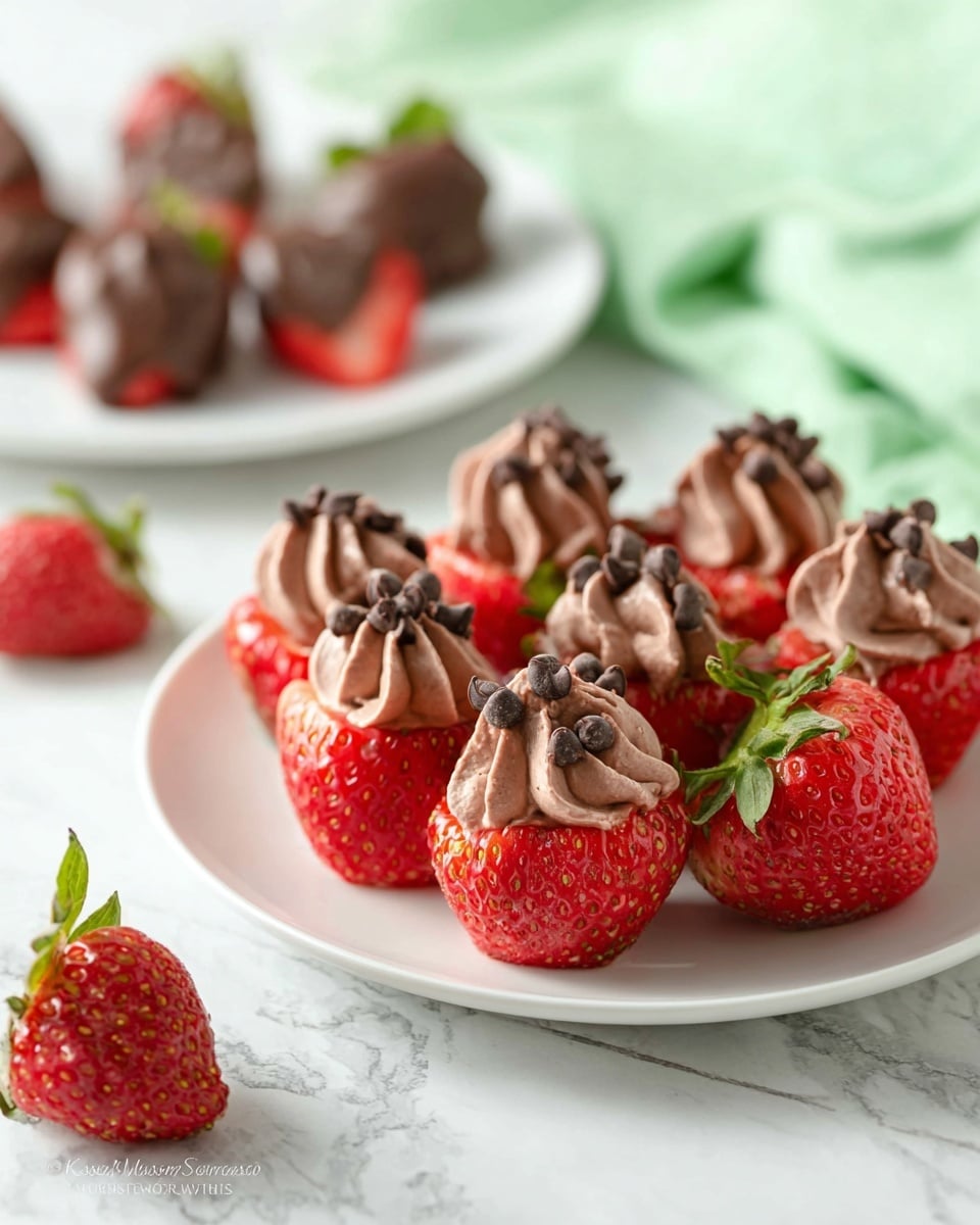 A white plate holds a circle of fresh strawberries standing upright, each strawberry sliced open and filled with a swirl of smooth, light brown chocolate cream, topped with small dark chocolate chips. The bright red strawberries have visible seeds and green leaves are scattered around the plate on a white marbled surface. In the background, another white plate shows halved strawberries covered with melted chocolate. A soft green cloth is blurred behind the plates. photo taken with an iphone --ar 4:5 --v 7