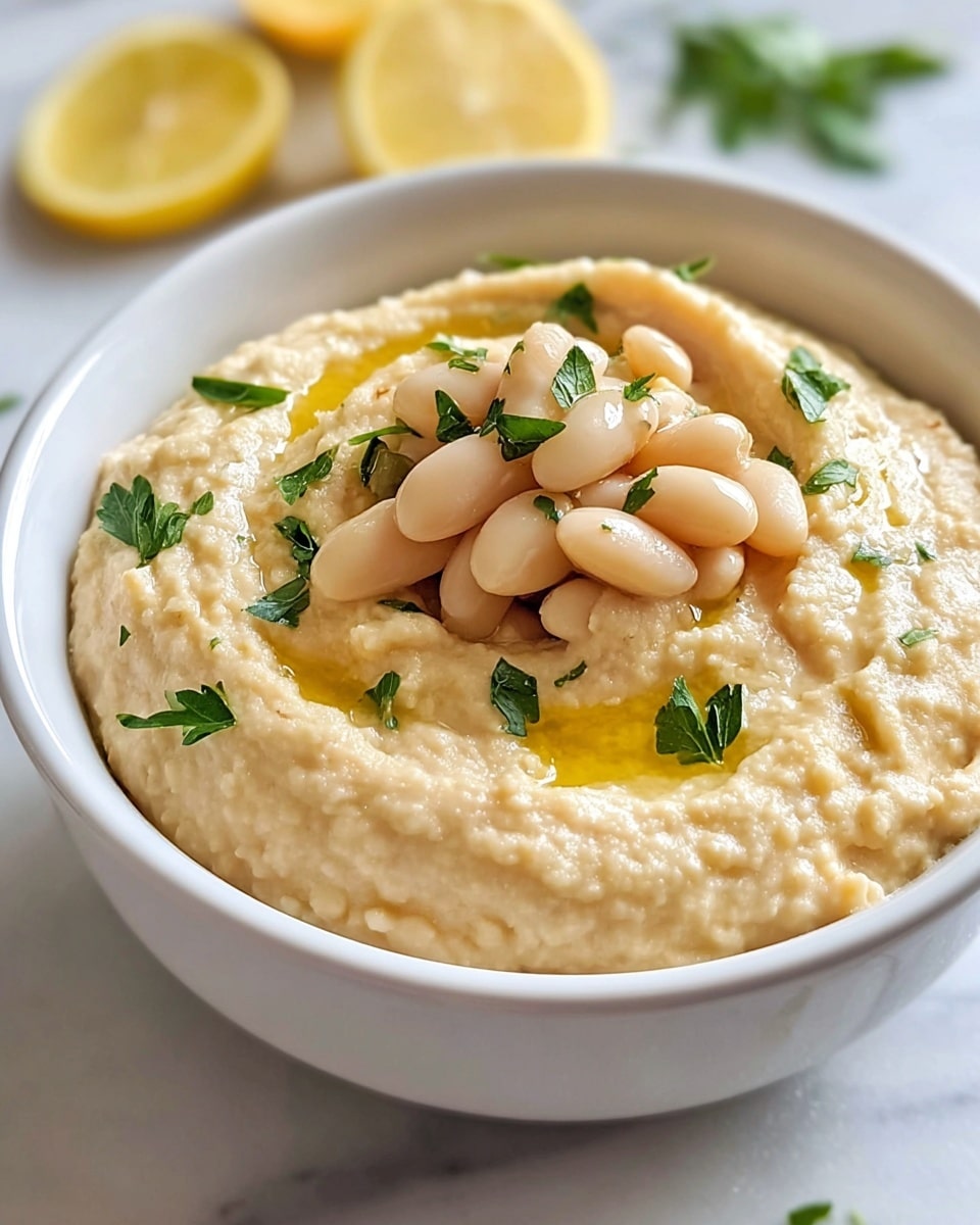 A close-up of a white bowl filled with a thick, creamy beige hummus-like dip with a slightly rough texture. On top, there is a small pile of white beans, glistening with a drizzle of golden olive oil. Scattered around the beans are small pieces of fresh green parsley leaves. In the background, there are two lemon slices slightly out of focus, and the bowl sits on a white marbled surface. photo taken with an iphone --ar 4:5 --v 7