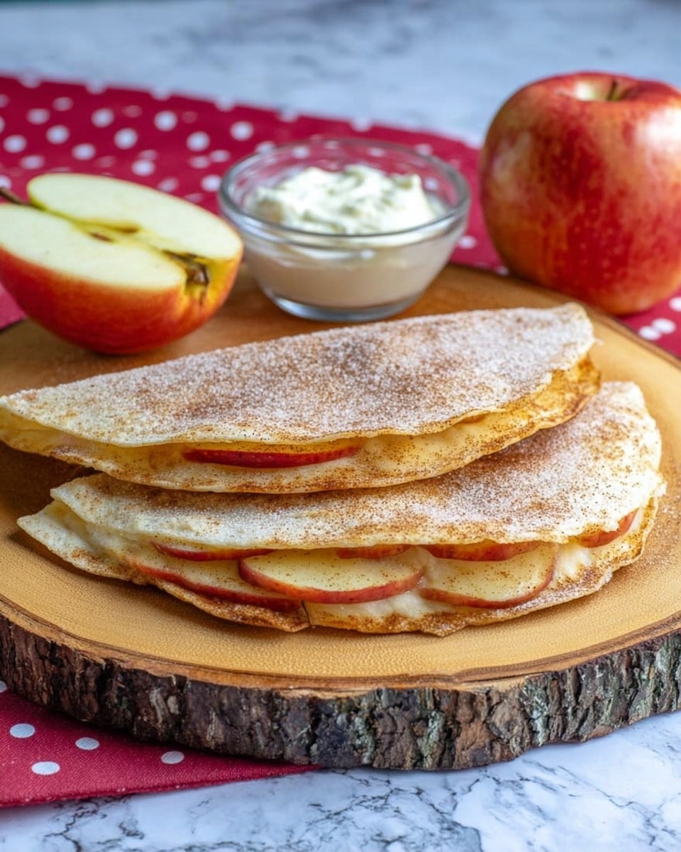 Two folded apple quesadillas rest on a round wooden board with bark edges. Each quesadilla has a golden, slightly crisp outer layer dusted with cinnamon and sugar, showing thin, red apple slices inside. Behind the quesadillas, there is a small clear glass bowl filled with a creamy white dip. Half of a red apple with pale yellow flesh is placed near the bowl. The setup sits on a white marbled surface with a red cloth with white polka dots slightly visible. Photo taken with an iphone --ar 4:5 --v 7