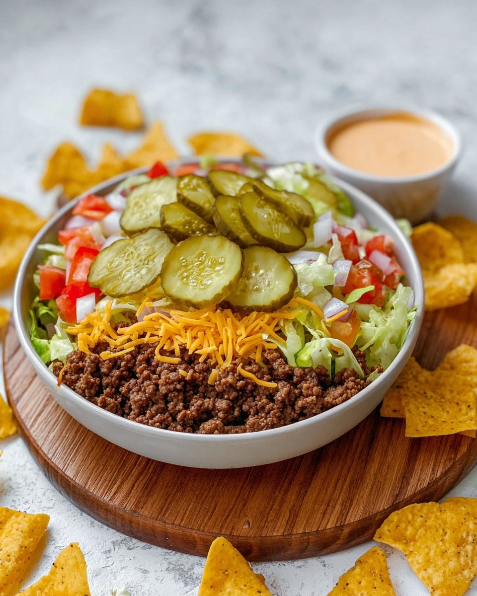 A bowl with four visible layers starts with a bottom layer of crumbled cooked ground beef, dark brown and crumbly, topped by a layer of shredded yellow cheese. Above this is a mix of chopped white onions, red tomato pieces, and shredded light green lettuce. The top layer features several thick slices of green pickles scattered evenly. The bowl is white and rests on a round wooden board, surrounded by scattered yellow corn chips and a small white bowl with a creamy light orange dipping sauce on a white marbled background. photo taken with an iphone --ar 4:5 --v 7
