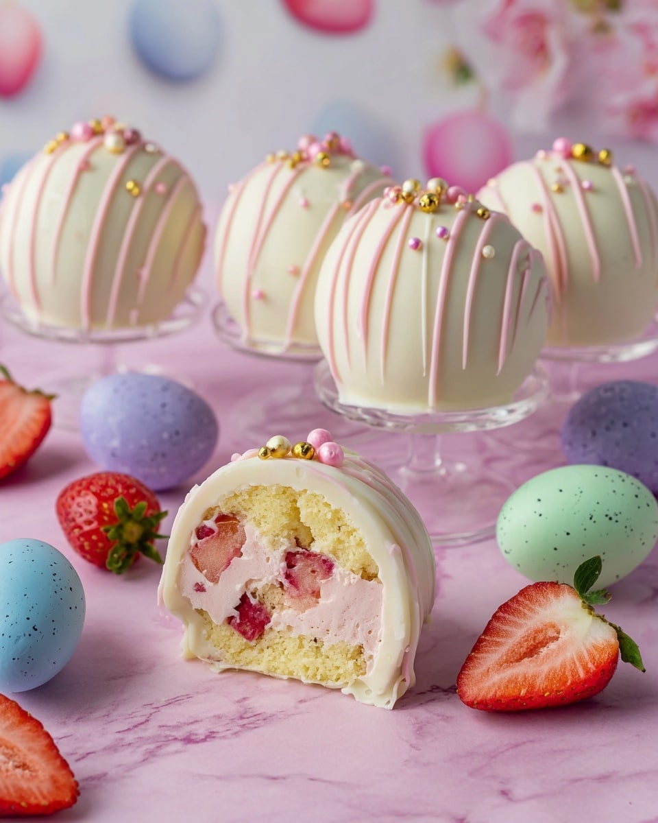 The image shows five round dessert balls covered in smooth white chocolate, each decorated with thin pink drizzle and small gold and pink candy pearls scattered on top. One dessert ball is cut open, revealing three layers inside: a bottom light yellow sponge cake layer, a thick middle pink cream layer with small chunks of red strawberries, and an outer white chocolate coating. The dessert balls rest on clear glass stands and directly on a pink surface. Around the desserts are pastel-colored speckled candy eggs in blue, purple, green, and yellow, along with a few strawberry halves. The background is softly decorated with pastel colors and blurred shapes, and the whole scene is set on a white marbled texture. photo taken with an iphone --ar 4:5 --v 7