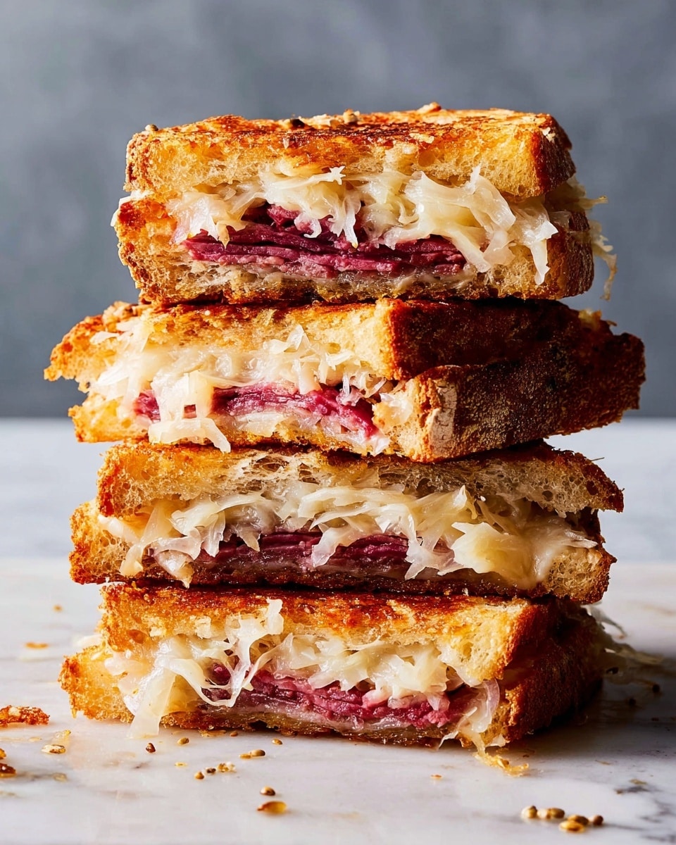 A stack of four half sandwiches is shown on a white marbled surface, each sandwich made of two golden-brown crispy toasted bread layers surrounding a filling. The filling has two main layers: a shredded, slightly translucent white layer likely sauerkraut, and beneath it a deep red, thinly sliced meat layer with visible texture. The bread has a light, airy inside texture with a crunchy crust. Small crumbs and seeds are scattered around the sandwiches. The background is a soft gray, enhancing the focus on the stacked sandwiches. photo taken with an iphone --ar 4:5 --v 7