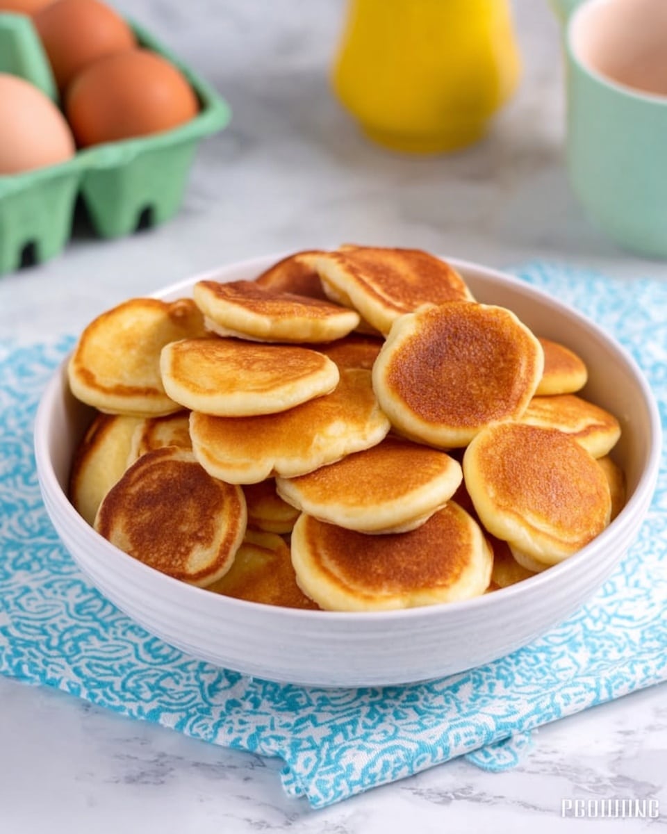 A white bowl filled with many small, round pancakes that are golden brown on top and slightly darker on the edges. The pancakes are stacked loosely in the bowl, showing their soft and fluffy texture. The bowl is placed on a white marbled surface with a blue and white patterned napkin underneath it. In the background, there are eggs in a green carton and a yellow jug, adding soft pastel colors to the scene. Photo taken with an iphone --ar 4:5 --v 7