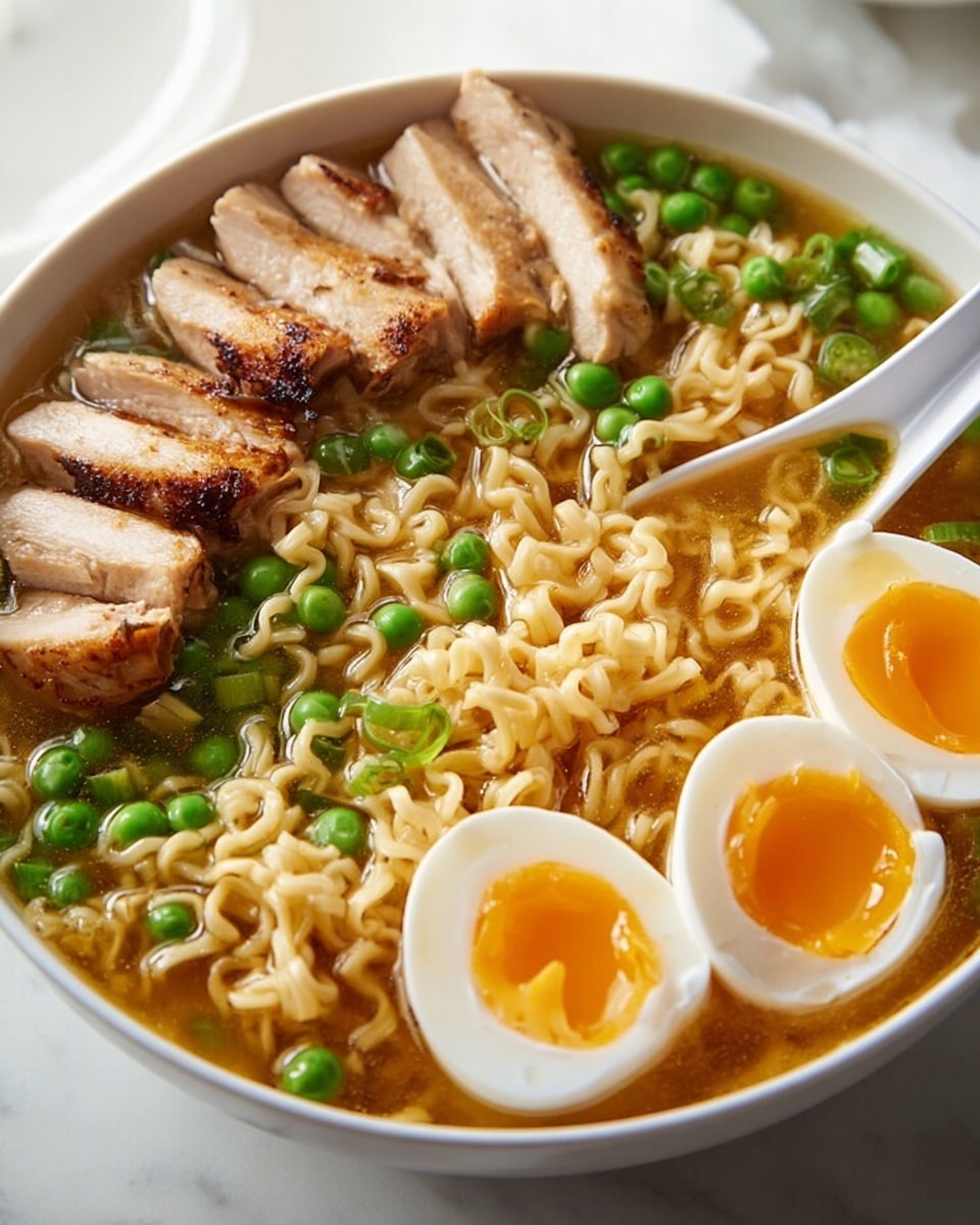 A white bowl filled with steaming ramen noodles in light brown broth sits on a white marbled surface. On one side, three pieces of soft-boiled egg with bright orange yolks and white edges are neatly placed. Next to the eggs, there are five thick slices of grilled chicken with browned, slightly crispy skin. Bright green peas and chopped green onions are scattered on top, adding a fresh color contrast to the noodles. A white spoon is partially submerged in the broth, ready to scoop up the flavors. The overall look is warm, inviting, and full of texture. photo taken with an iphone --ar 4:5 --v 7