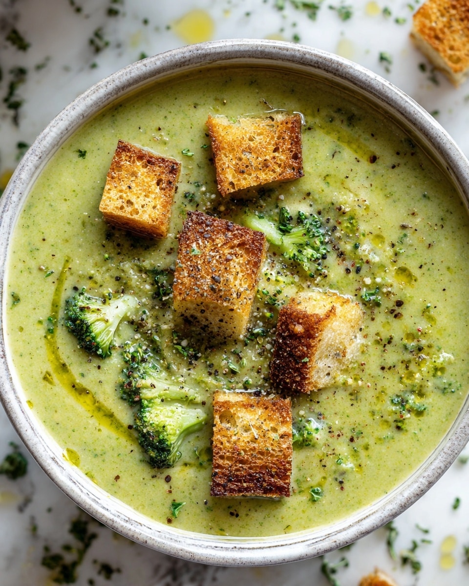 A bowl of creamy green broccoli soup with a smooth texture, topped with several golden-brown toasted croutons that have crispy edges and a slightly rough surface. The soup has small broccoli florets and a drizzle of olive oil, with black pepper and finely chopped green herbs sprinkled on top. The bowl is white with subtle gray patterns on the rim, placed on a white marbled surface with scattered green herb bits around. Photo taken with an iphone --ar 4:5 --v 7
