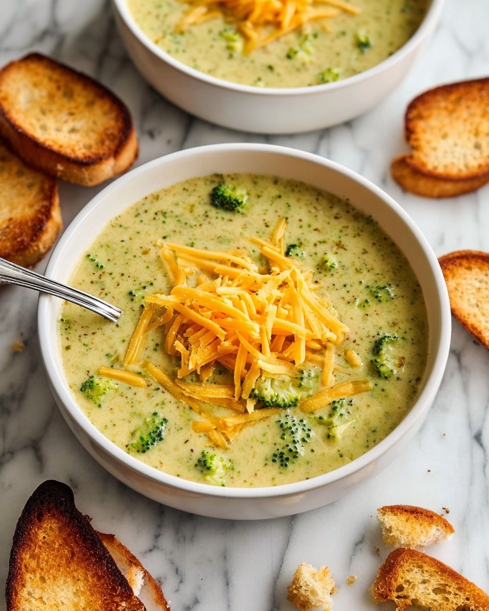 A white bowl filled with thick broccoli cheese soup showing small green broccoli pieces mixed in creamy pale green soup, topped with a loose pile of shredded bright orange cheddar cheese in the center; a spoon rests inside the bowl on the left side. Around the bowl on a white marbled surface, there are several golden brown toasted bread slices scattered, with a few small crumb pieces near the bottom right corner. Another white bowl with the same soup and cheese topping is partially visible in the upper right background. Photo taken with an iphone --ar 4:5 --v 7