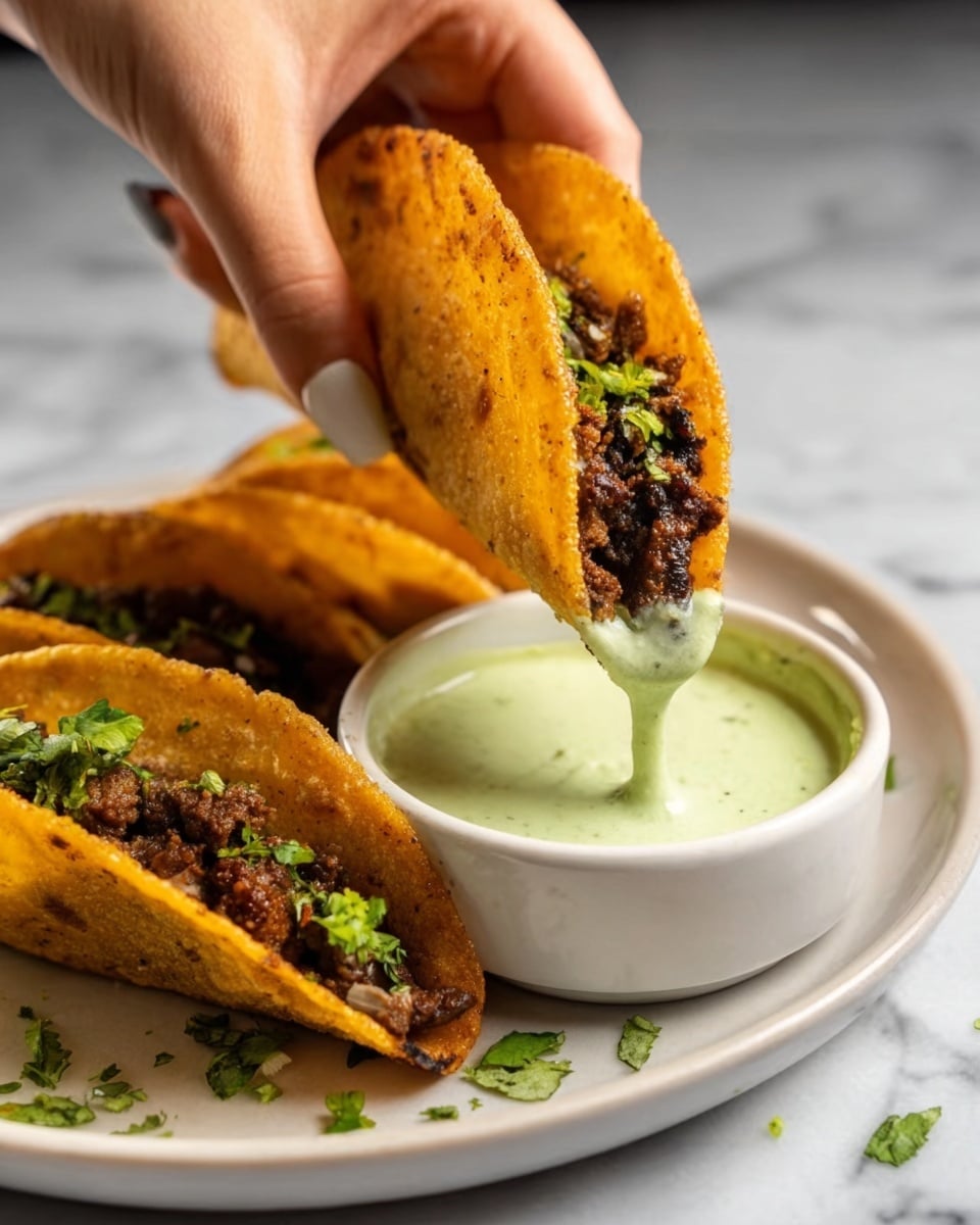 The image shows a woman’s hand holding a folded taco with a crispy golden-brown shell filled with layered dark brown cooked meat and small green herbs. The taco is being dipped into a small white bowl filled with a thick, smooth light green sauce. The bowl is on a white plate with two other tacos filled the same way, resting on a white marbled surface with scattered green herb leaves around. The lighting is natural, highlighting the textures and colors of the food clearly. photo taken with an iphone --ar 4:5 --v 7