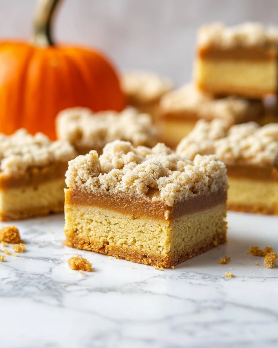 The image shows a close-up of a square dessert piece with three visible layers on a white marbled surface. The bottom layer is a slightly golden, firm crust. On top of that is a thick, smooth, light brown middle layer. The top layer is a crumbly, pale beige streusel topping with a rough texture. In the background, there are more pieces stacked and a small orange pumpkin slightly out of focus. There are some crumbs scattered around the dessert pieces. photo taken with an iphone --ar 4:5 --v 7