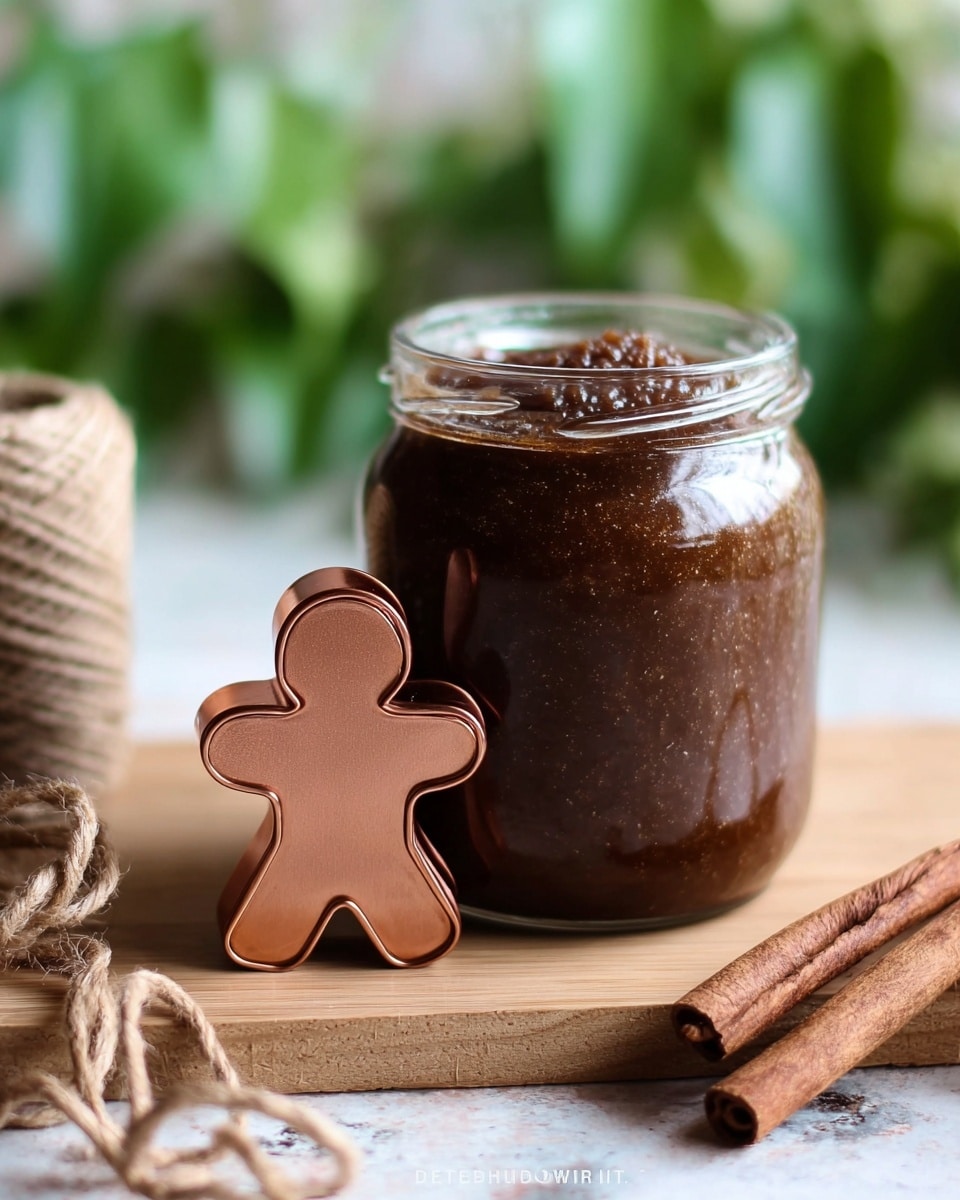 A clear glass jar filled with thick, dark brown spread that looks smooth with small bits inside sits on a wooden surface. In front of the jar, there is a copper gingerbread man-shaped cookie cutter standing upright. To the right of the jar, two dark brown cinnamon sticks lie flat on the wooden surface. On the left side, a spool of light brown twine is partially visible, with some twine unraveling towards the front. The background is softly blurred with green leaves showing. The photo is taken on a white marbled texture. photo taken with an iphone --ar 4:5 --v 7