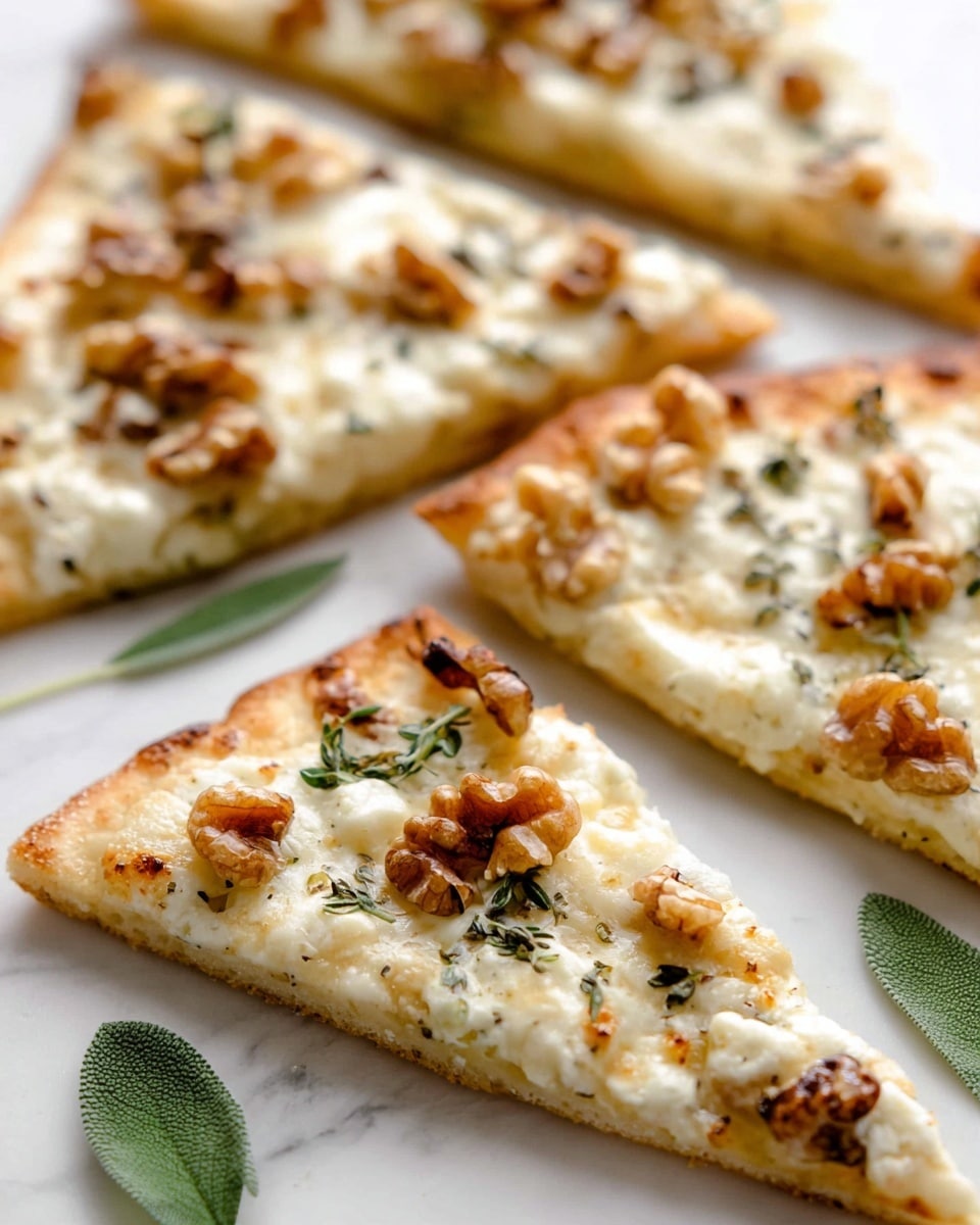 The image shows several triangular slices of flatbread pizza on a white marbled surface. Each slice has a golden-baked crust that is thin and slightly crispy-looking. The top layer features melted white cheese with small browned spots, sprinkled with chopped walnuts and fresh green herbs. The texture of the cheese looks creamy and smooth, while the walnuts add a crunchy contrast. A few fresh sage leaves rest around the slices, adding a touch of green and enhancing the presentation. The overall look is warm and inviting, with a close-up focus on the nearest slice. photo taken with an iphone --ar 4:5 --v 7