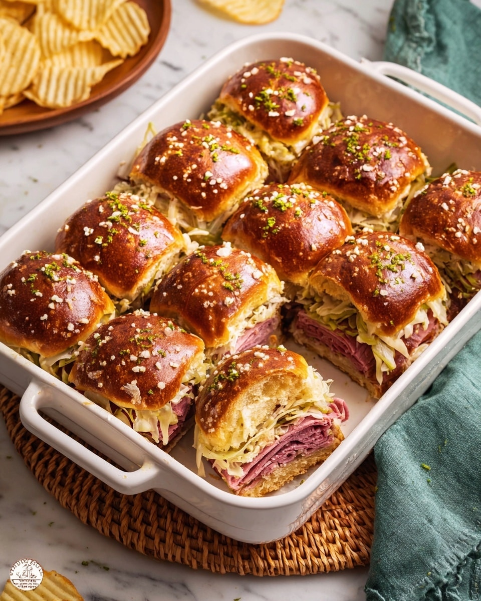 A white rectangular baking dish holds twelve small sliders arranged in three rows of four. Each slider has a shiny, golden-brown pretzel bun top sprinkled with coarse salt and small green herb pieces. Inside, layers of thinly sliced pink roast beef and pale yellow sliced cheese peek through, along with some shredded pale green cabbage or slaw. One slider is cut open, showing the layers clearly from the side. The dish sits on a light brown rattan mat over a white marbled surface, with a green cloth and a wooden plate with ridged potato chips partially visible on the sides. Photo taken with an iphone --ar 4:5 --v 7