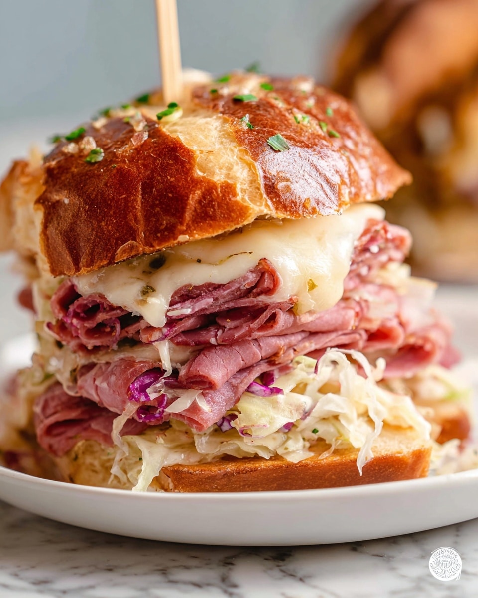 A close-up view shows a tall sandwich with three main visible layers on a white plate set on a white marbled surface. The top layer is a shiny golden-brown sandwich bun with a slightly crispy texture and small bits of herbs on top. Underneath, there is a thick layer of thinly sliced pink and red deli meat with a soft, moist texture. Below that, melted white cheese with some light browning adds a creamy layer. The middle layer is a thick slice of toasted bread, golden and slightly crunchy. The same layers of meat and melted cheese appear again under the bread. Bits of green herbs and pale shredded cabbage peek out between the layers, adding color and texture variety. The sandwich is held together by a woman's hand using a small wooden pick inserted on top. photo taken with an iphone --ar 4:5 --v 7