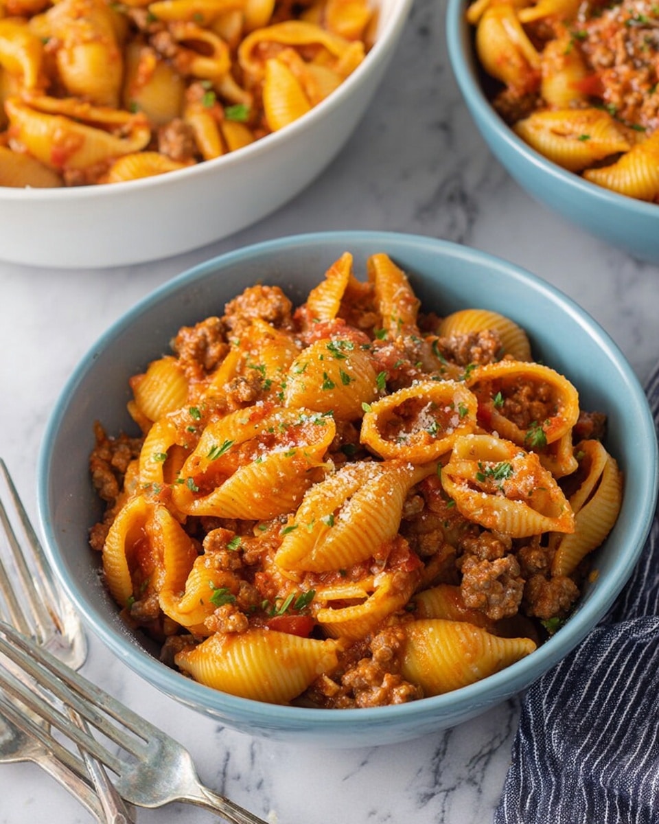 A light blue bowl filled with shell pasta mixed with ground meat and tomato sauce, showing a thick, chunky texture with small bits of tomato and herbs sprinkled on top. The shell pasta is coated in an orange-red sauce, with visible pieces of browned meat and flecks of green parsley, creating a layered look of pasta nestled among meat and sauce. Behind the bowl, there is a white bowl partially visible, filled with the same pasta dish, all placed on a white marbled surface with a striped cloth nearby. Two silver forks lay in front of the bowl. Photo taken with an iphone --ar 4:5 --v 7