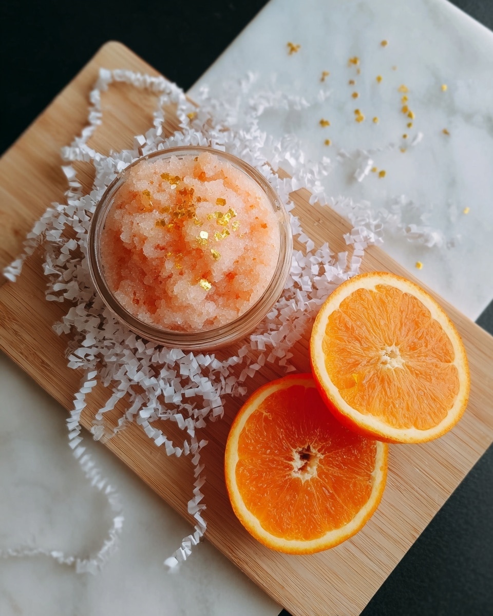 The image shows a small round jar filled with a light peach-colored, grainy sugar scrub, topped with small gold flakes scattered unevenly on the surface. The jar sits on a bed of white shredded paper with curly textures, which contrasts with the black background beneath. To the right of the jar, there is a white wooden cutting board with two halves of a bright orange, juicy citrus fruit placed side by side, showing their glossy, textured flesh and thin white membranes. The whole scene is set on a white marbled surface. photo taken with an iphone --ar 4:5 --v 7