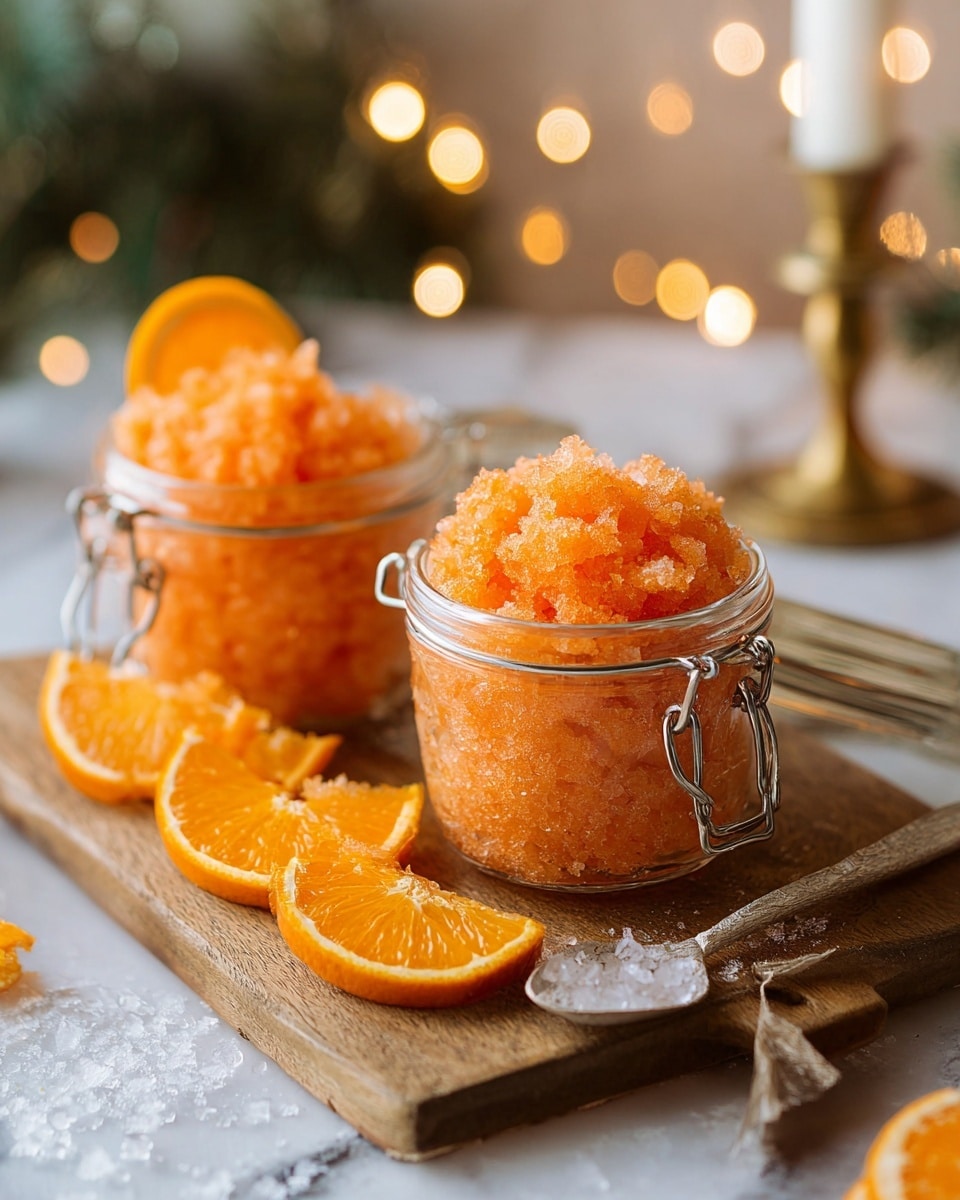 Two clear glass jars filled with bright orange granita sit on a wooden board. Each jar has a metal clasp and is open, showing the icy, coarse texture of the granita piled high inside. One jar is positioned close to the front with a slightly rough, icy surface, while the other is placed a bit behind, with a slice of orange resting inside it for decoration. Around the jars, there are fresh orange halves placed directly on the wooden board, showing their juicy, vibrant orange flesh and smooth peel. The background is softly blurred with warm lights and a brass candlestick, all set against a white marbled texture. photo taken with an iphone --ar 4:5 --v 7