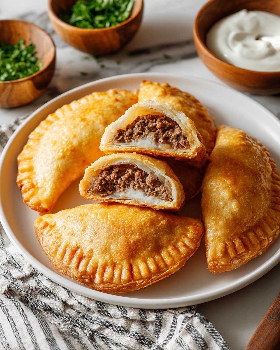 A white plate holds five golden-brown empanadas with a crispy texture and crimped edges, arranged in a loose pile. One empanada is cut in half and placed on top, showing two layers inside: a soft, slightly translucent dough layer on the outside and a dense, crumbly ground beef filling in the center mixed with bits of white onion. The plate sits on a white marbled surface next to a striped cloth napkin and two wooden bowls, one with chopped green herbs and one with a creamy white sauce. The lighting is soft and natural, highlighting the warm colors and textures. photo taken with an iphone --ar 4:5 --v 7