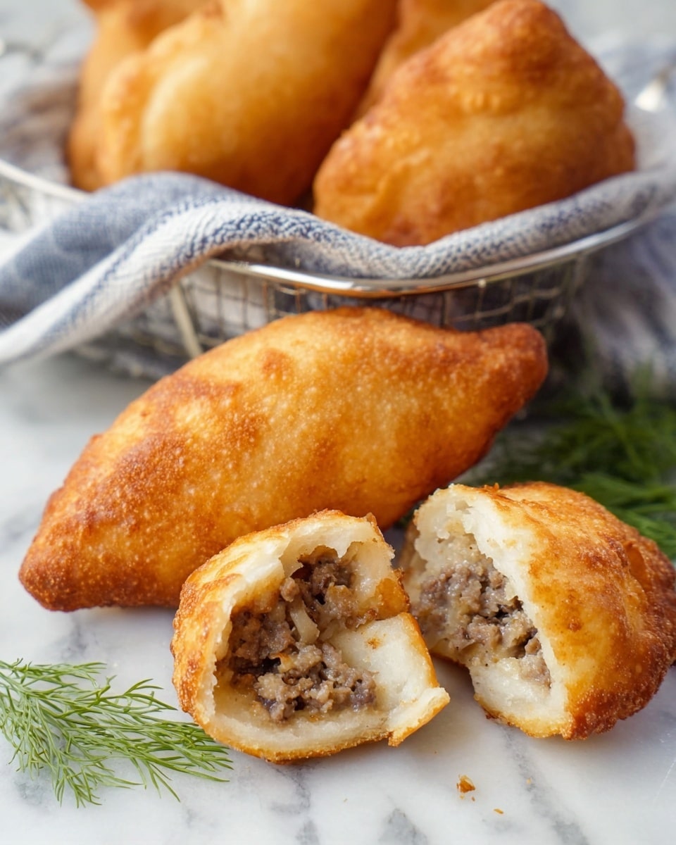 The image shows golden brown fried dough pastries with a rough, crispy outer layer and soft white inner dough. Inside, there is a filling made of cooked ground meat mixed with bits of onion, showing a crumbly, light brown texture with some darker meat parts. Two pastries are placed on a white marbled surface, one broken open to reveal the filling, with fresh green dill next to them. In the background, a metal basket holds more whole pastries, all with the same golden crust. The photo captures a close-up view with soft natural light. Photo taken with an iphone --ar 4:5 --v 7