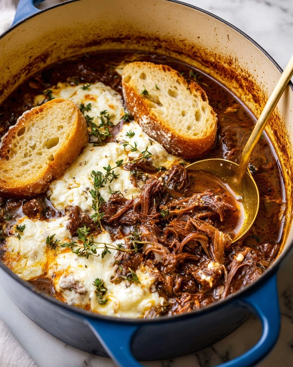 A close-up view shows a deep blue pot filled with a rich, brown stew made of shredded beef mixed with melted white cheese spread unevenly on top, creating creamy patches over the dark meat. Two small slices of light brown crusty bread float on the left side on the stew's surface, while fresh green thyme sprigs add a pop of color scattered around the dish. A shiny gold spoon is placed inside the pot, soaking in the juices. The pot sits on a white marbled surface. photo taken with an iphone --ar 4:5 --v 7