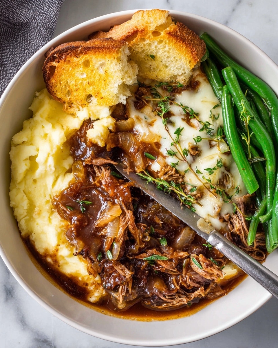 In a white bowl on a white marbled surface, the dish has four visible layers: a creamy, pale yellow mashed potato layer forms the base to the left side, topped with rich brown onion gravy containing soft cooked onions; on the center and right, tender shredded beef layered with melted white cheese and garnished with fresh green thyme sprigs; to the top right, there is a pile of bright, glossy green beans seasoned lightly; and on the top left, two pieces of toasted golden-brown bread rest over the mashed potatoes. A knife is partly inserted into the mashed potatoes near the bread. photo taken with an iphone --ar 4:5 --v 7