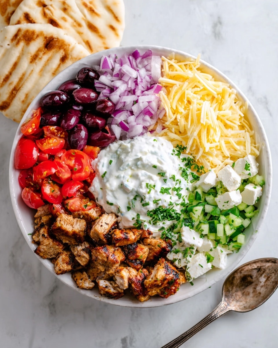 The image shows a white bowl filled with six distinct sections of food, each arranged in a visually pleasing way. Starting from the top left, there are dark purple olives, next to bright red chopped tomatoes, then finely chopped light purple onions. Below the onions, there is a layer of shredded light yellow cheese. To the bottom right, there is a scoop of white, creamy yogurt topped with a sprinkle of green herbs. At the bottom left, there is a section of brownish, grilled chicken pieces with a slightly crispy texture. The bowl sits on a white marbled surface with a spoon resting beside it and grilled white pita bread in the background. photo taken with an iphone --ar 4:5 --v 7