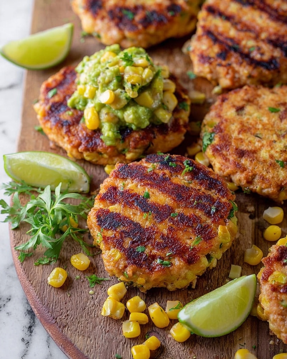 The image shows several grilled patties with a slightly crispy, golden-brown surface and visible grill marks. The patties have small bits of corn and green herbs mixed in. They are arranged on a brown wooden board with scattered corn kernels and lime wedges around them. A small green herb sprig is placed near the patties, adding a fresh touch. Some patties are topped with a chunky avocado and corn salsa, adding green and yellow colors to the image. The background has a white marbled texture. photo taken with an iphone --ar 4:5 --v 7