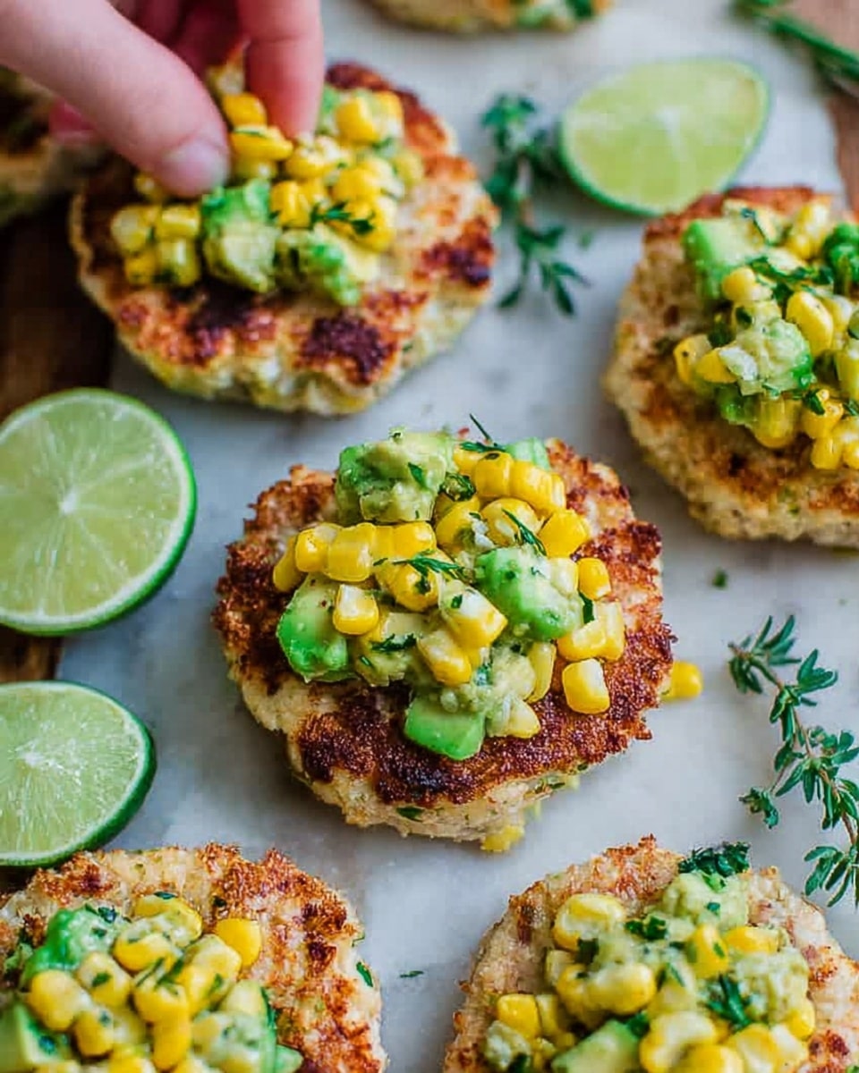 The image shows a close-up of small, thick cakes with a light brown, crispy cooked surface. Each cake is topped with bright yellow corn kernels mixed with chunky, light green avocado pieces and small green herb bits. The cakes sit directly on a white marbled surface, surrounded by several lime and lemon wedges, some cut in half, including a woman's hand reaching toward one of the cakes. Small green herb sprigs are also scattered around, adding a fresh touch. photo taken with an iphone --ar 4:5 --v 7