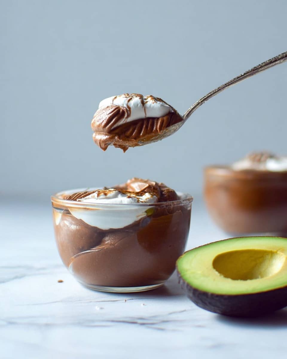 The image shows a spoon holding a scoop of chocolate mousse with a layer of white cream on top. Below the spoon, there is a clear round bowl filled with layers of smooth, dark brown chocolate mousse and white cream swirled on the surface. Part of a sliced avocado with bright green flesh and dark skin is placed next to the bowl on a white marbled surface. Another bowl of mousse is partially visible in the background. The scene is set against a plain light blue background with soft natural light. photo taken with an iphone --ar 4:5 --v 7