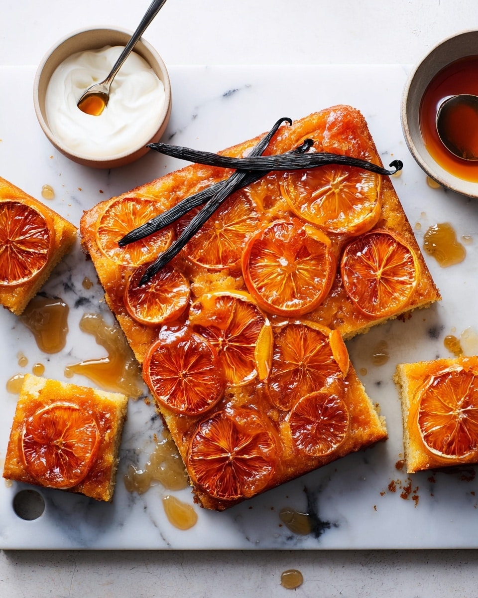 A square orange upside-down cake sits on a white marble board. The cake's top layer is golden brown with shiny caramelized orange slices spread evenly across it, some whole and some partially shown, giving a glazed, sticky texture. The cake has a light brown sponge layer visible on the sides and where three square pieces are cut out and placed nearby. A dark roasted vanilla bean pod lies diagonally on top. To the upper left, two small white bowls hold a thick white cream and amber syrup, each with a spoon resting inside. The whole scene is bright, clean, and neatly arranged. Photo taken with an iphone --ar 4:5 --v 7