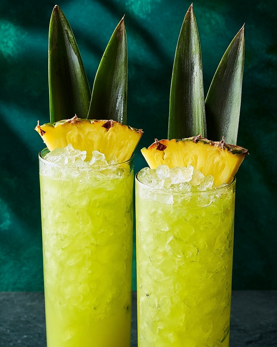 Two tall clear glasses filled with a bright yellow-green drink, showing crushed ice inside. Each glass is topped with a thin, wide slice of yellow pineapple resting horizontally across the rim. Two long dark green pineapple leaves stick up vertically from the middle of each pineapple slice. The background is a dark green textured wall. photo taken with an iphone --ar 4:5 --v 7
