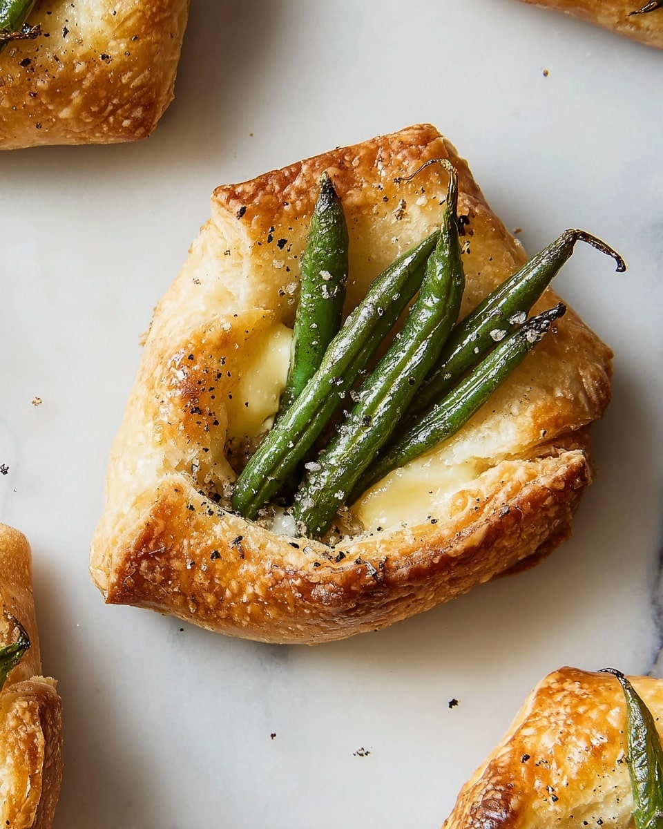 A golden brown pastry wrap with a slightly crispy texture holds a few bright green roasted green beans peeking out from the center. Coarse salt and cracked black pepper are sprinkled on top of the flaky pastry, with a small pool of melted cheese visible beneath the beans. The food is placed on a white marbled surface, with another similar pastry partially visible at the edge. photo taken with an iphone --ar 4:5 --v 7