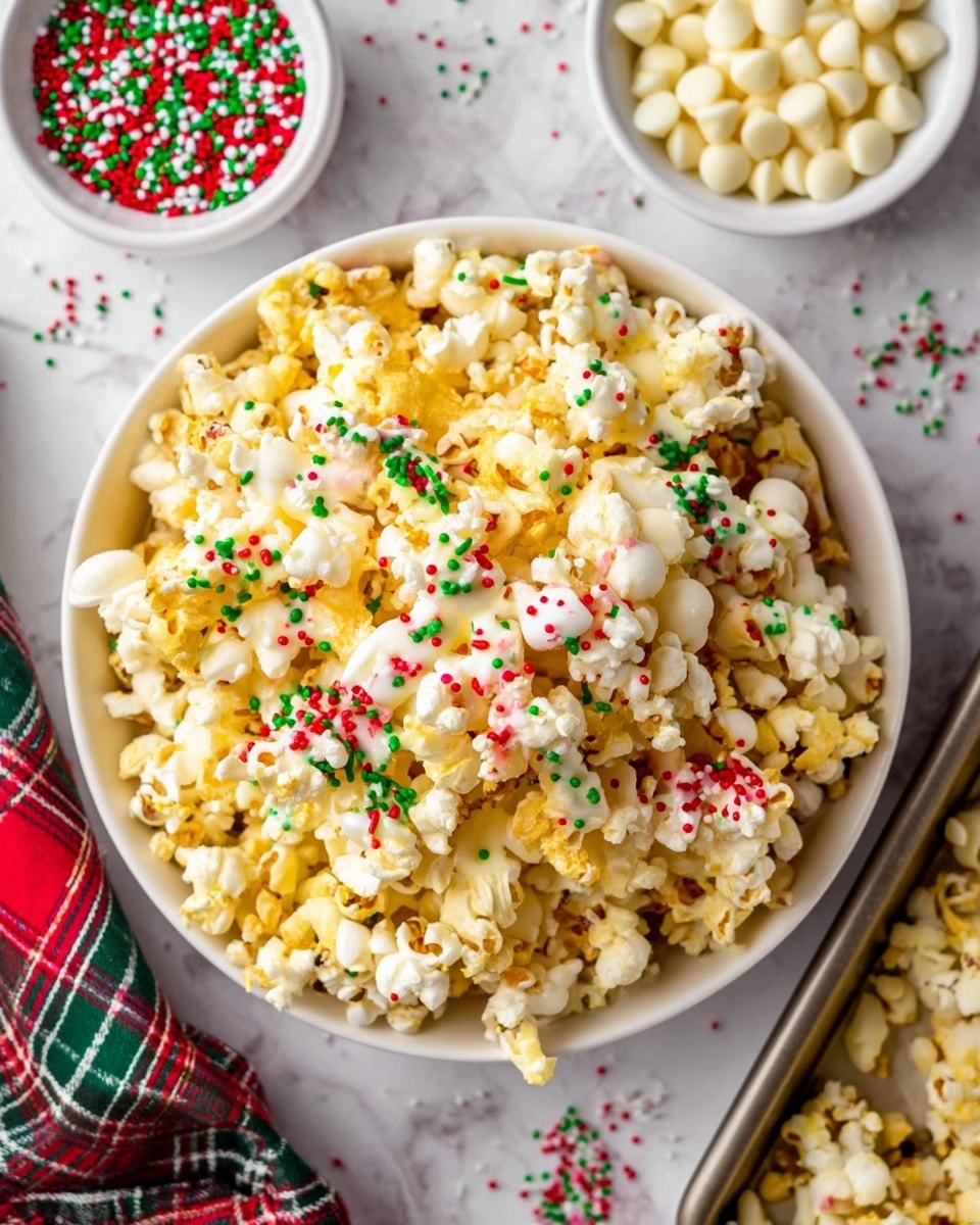 A white bowl filled with popcorn, some pieces coated with white chocolate, sprinkled with red and green sprinkles. The popcorn is mostly yellow and white, with a mix of textures from the smooth chocolate coating and the rough popcorn. Around the bowl are two small white bowls, one filled with white chocolate chips and the other with red and green sprinkles. The setting includes scattered sprinkles on a white marbled surface, and part of a baking tray with popcorn is visible in the corner. A plaid cloth with green, red, and white stripes is partially seen near the bowl. Photo taken with an iphone --ar 4:5 --v 7