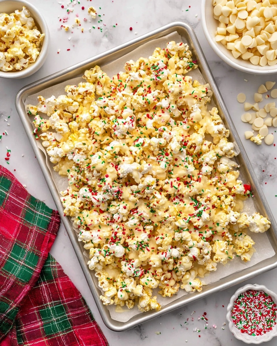 A large silver baking tray lined with white parchment paper holds a single layer of popcorn coated in white chocolate and sprinkled with red and green festive sprinkles. The popcorn is yellow and white, with the white chocolate creating a smooth, creamy texture over some pieces. Around the tray, a white marbled surface shows scattered sprinkles, white chocolate chips in a small white bowl, and a slight corner of a white bowl filled with more popcorn. A red, green, and white checkered cloth is partially visible at the bottom left corner. photo taken with an iphone --ar 4:5 --v 7