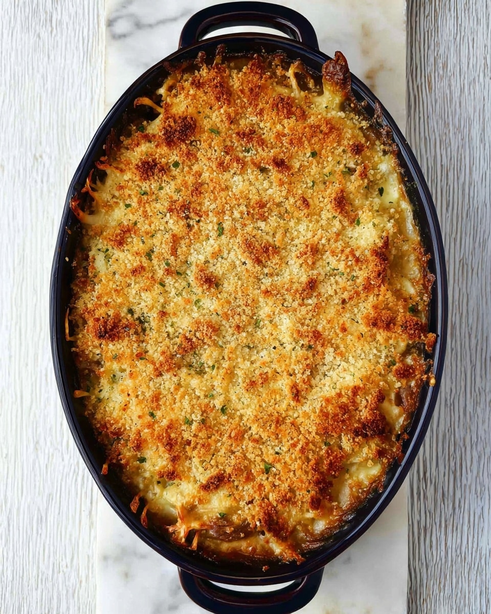 The image shows a baked dish in a black oval baking dish with two handles, placed on a white marbled surface. The dish has a golden-brown crispy topping that looks like melted cheese mixed with toasted breadcrumbs, covering the entire top layer evenly. Underneath the crunchy top, there are visible hints of a creamy, slightly bubbly sauce, and beneath that, a darker, rich layer that appears to be a mixture of cooked ingredients, possibly vegetables or meat. The edges show some browned, slightly crisp cheese strands peeking out. The overall appearance is warm and inviting with a textured, layered look. photo taken with an iphone --ar 4:5 --v 7