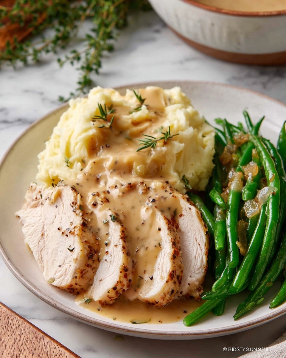 A white plate holds three main layers: on the left side, a large scoop of creamy mashed potatoes topped with light brown gravy and small green herb leaves; in the center, four slices of cooked white turkey breast arranged overlapping, covered with the same light brown gravy sprinkled with black pepper and herbs; on the right side, a pile of bright green cooked string beans mixed with small bits of browned onions. The plate sits on a white marbled surface with a hint of a bowl and a sprig of green herbs in the background. Photo taken with an iphone --ar 4:5 --v 7