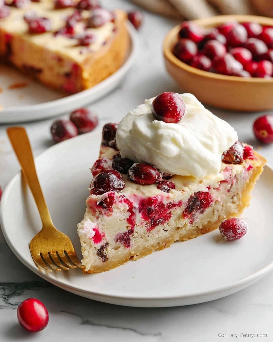 A single slice of cranberry dessert sits on a white plate placed on a white marbled surface. The slice has two visible layers: the bottom layer is a soft, light brown with red cranberry pieces peeking through, while the top layer is slightly golden and speckled with whole cranberries. On the right side of the slice, there is a thick, white dollop of whipped cream with a single red cranberry on top. A golden fork is resting on the left side of the plate. In the background, another white plate with a similar slice and a bowl filled with whole cranberries are slightly blurred. Photo taken with an iphone --ar 4:5 --v 7