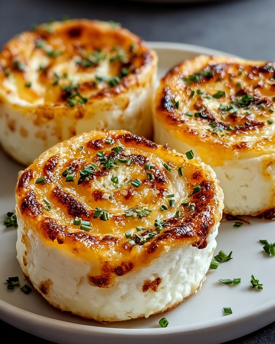 The image shows three cheese rolls placed close together on a white plate over a white marbled surface. Each roll has two main layers; the bottom layer is thick, white, and crumbly cheese, while the top layer is a smooth, golden-brown baked cheese spiral with a slightly burnt edge. The top cheese has a glossy texture with small browned spots, and each roll is garnished with small green herb pieces scattered on top, adding a fresh contrast to the warm colors. The photo has a close-up view showing the melted cheese’s rich texture and colors clearly. photo taken with an iphone --ar 4:5 --v 7