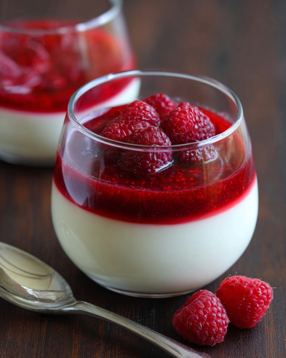 A clear glass cup with two layers, the bottom layer is smooth white panna cotta filling about two-thirds of the cup, topped by a thick, vibrant red raspberry sauce with whole raspberries resting on top, creating a juicy, textured contrast. The glass sits on a dark wooden surface with two fresh raspberries placed nearby, and a shiny silver spoon lies beside the cup. Another cup with the same dessert is blurred in the background, showing the rich red color of the sauce more clearly. photo taken with an iphone --ar 4:5 --v 7