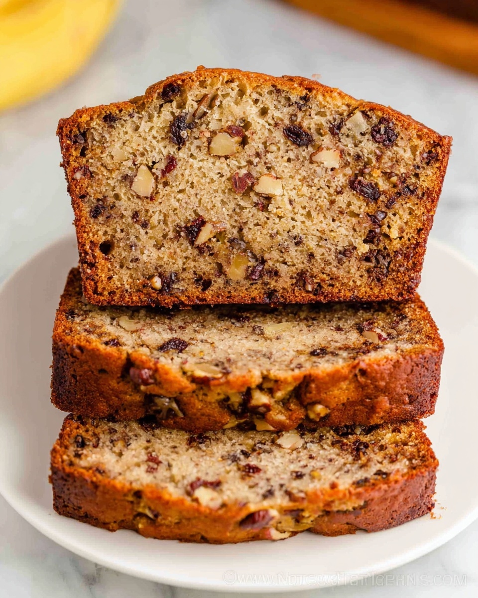 Three slices of banana nut bread are stacked slightly leaning on each other on a white plate. Each slice shows a dense, moist texture with a golden brown crust and light brown inside dotted with dark brown nuts and raisins throughout. The edges are crisp and slightly darker in color, while the slice surfaces show the variety of nut pieces embedded inside. The plate is set on a white marbled surface. photo taken with an iphone --ar 4:5 --v 7