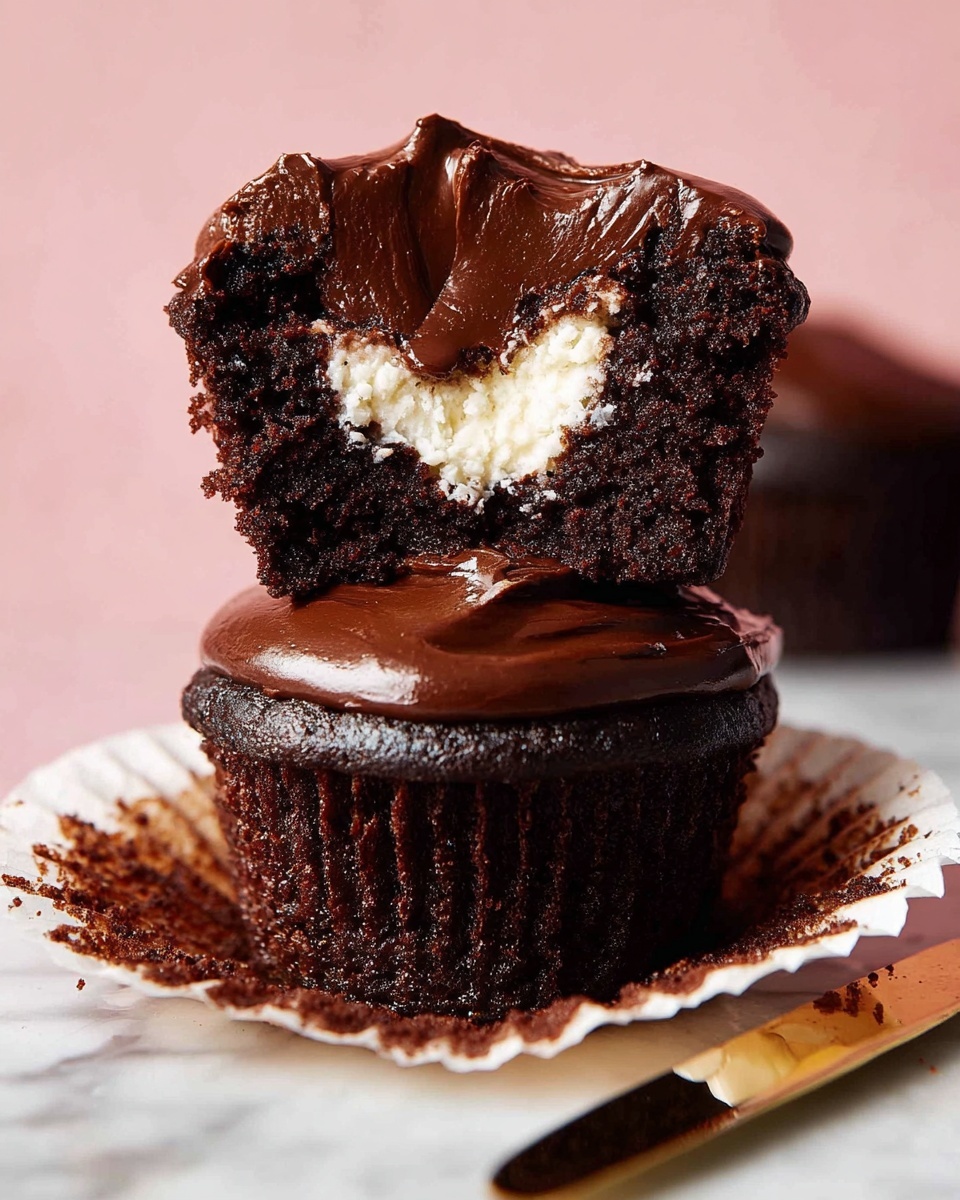 A close-up of two small chocolate cupcakes stacked on top of each other on a white marbled surface, the bottom cupcake sitting in a peeled-back white paper liner with crumbs visible. The bottom cupcake is dark, moist, and topped with a thick layer of glossy dark chocolate frosting. The top cupcake is cut in half horizontally, displaying a white creamy filling inside the rich dark chocolate cake, and is also topped with the same thick, shiny dark chocolate frosting. A gold knife with some chocolate on its blade lies nearby on the surface. The background is a soft pink color. Photo taken with an iphone --ar 4:5 --v 7